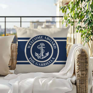 Cojín De Exterior Nombre de barco personalizado Ancla blanca sobre a