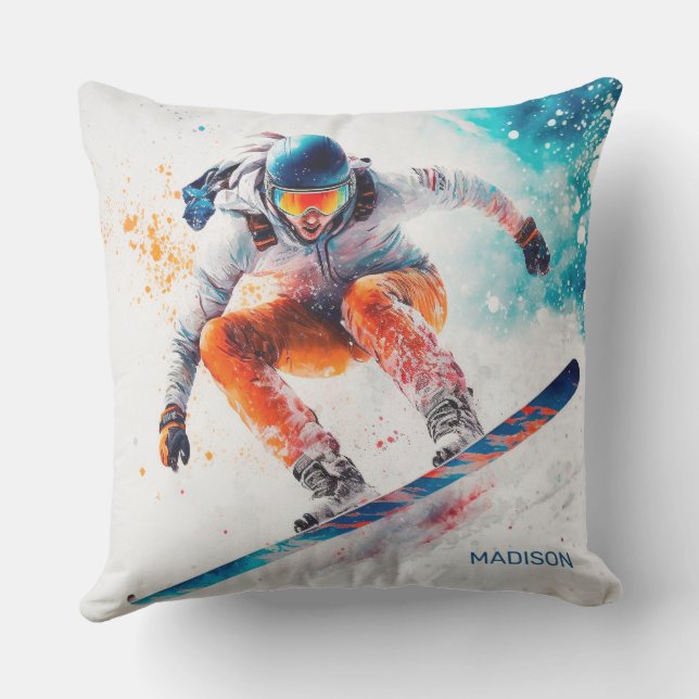 Cojín De Exterior Nombre personalizado Ilustracion Snowboarder (Reverso )