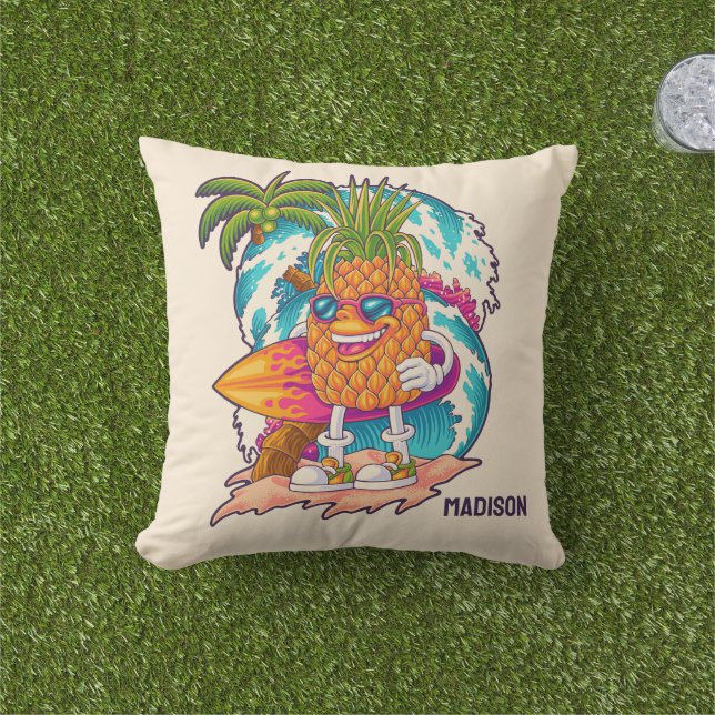 Cojín De Exterior Nombre personalizado Surfing Pineapple (Césped)