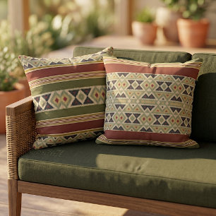 Cojín De Exterior Ochre Rojo Moustard Yellow Olive Drab Green Ikat A