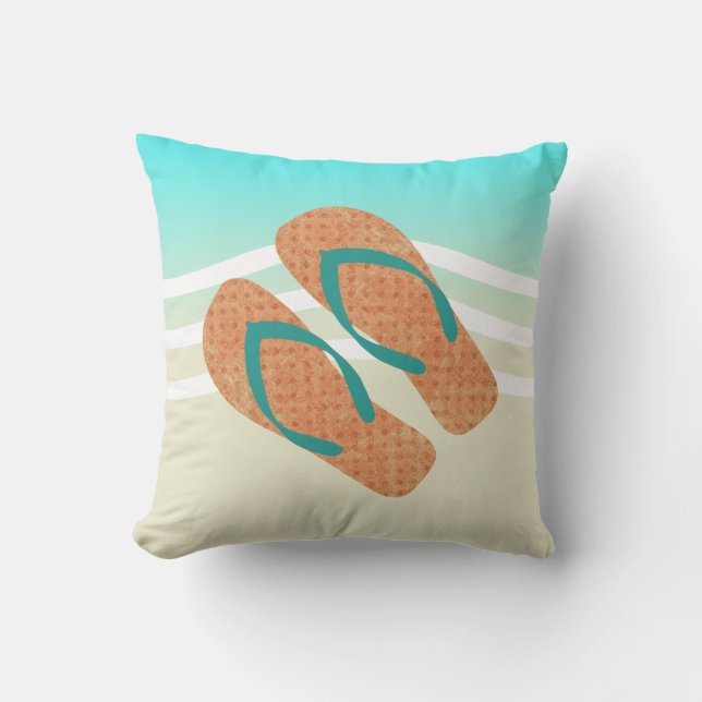 Cojín De Exterior Olas De Playa De Aqua, Flip Flops naranja Y Verde (Anverso)