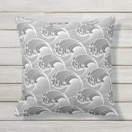 Cojín De Exterior Ondas japonesas vintage, gris/gris y blanco
