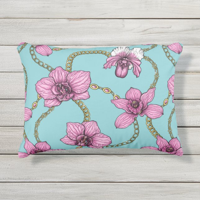 Cojín De Exterior orquídeas y cadenas, rosa y azul (Anverso)