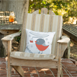 Cojín De Exterior Pájaro bullfinch de invierno y bayas rojas