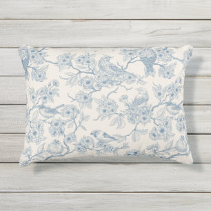 Cojín De Exterior Pájaros y flor de cerezo en azul y blanco desvaído