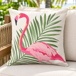 Cojín De Exterior Palma de Flamenco Rosa Tropical Lino Beige