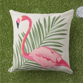 Cojín De Exterior Palma de Flamenco Rosa Tropical Lino Beige