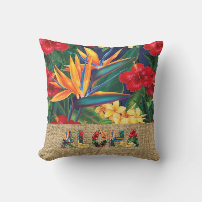 Cojín De Exterior Paraíso Tropical Hawaití Faux Appliqué (Anverso)