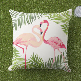 Cojín De Exterior Pareja de flamencos rosados tropicales con hoja de
