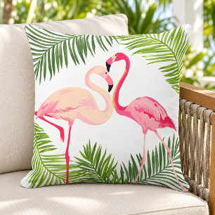 Cojín De Exterior Pareja de flamencos rosados tropicales con hoja de