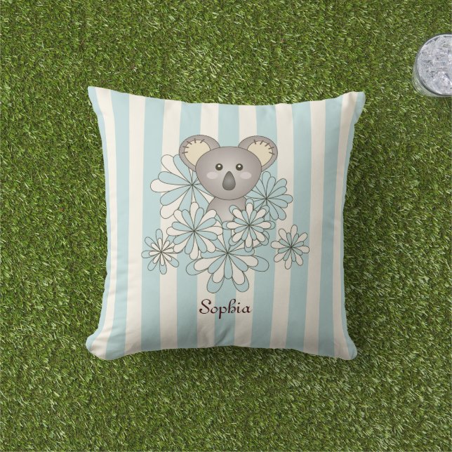 Cojín De Exterior Pastel Blue Stripe Cute Baby Koala Bear Niños (Césped)