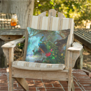 Cojín De Exterior Patio de flor de pájaro verde azul Peacock
