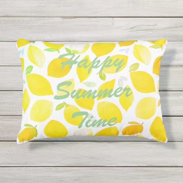 Cojín De Exterior Patrón cítrico de verano amarillo blanco y texto (Anverso)