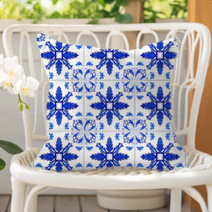 Cojín De Exterior Patrón Clásico de Baldosas Portuguesas Azul Blanco