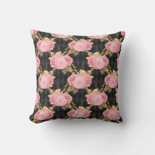Cojín De Exterior Patrón de arlequín negro floral vintage rosa