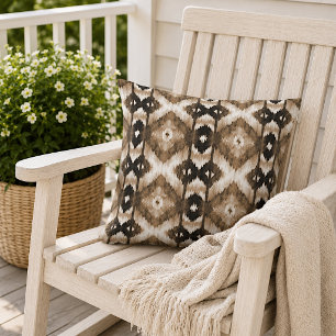Cojín De Exterior Patrón de arte tribal Ikat marrón beige oscuro bla