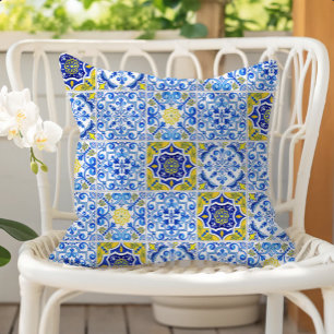 Cojín De Exterior Patrón de azulejos azul blanco amarillo