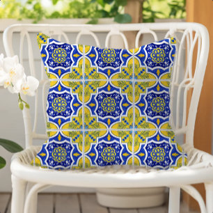 Cojín De Exterior Patrón de Baldosas Portuguesas Amarillo Azul