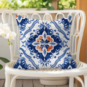 Cojín De Exterior Patrón de Baldosas Portuguesas Azul Blanco Naranja