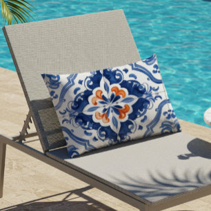 Cojín De Exterior Patrón de Baldosas Portuguesas Azul Blanco Naranja