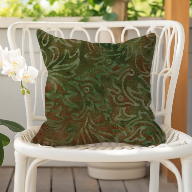 Cojín De Exterior Patrón de follaje verde y óxido Boho Batik (Subido por el creador)