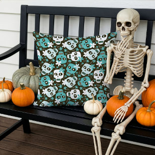 Cojín De Exterior Patrón de Halloween Calaveras Flores Turquesa