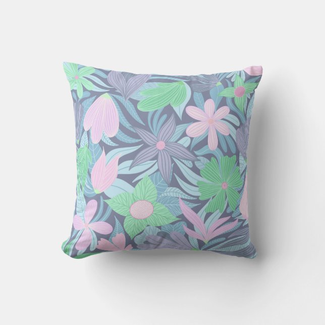 Cojín De Exterior Patrón de Ilustracion floral verde azul rosa (Anverso)