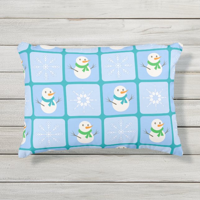 Cojín De Exterior Patrón de invierno de snowman y copos de nieve (Anverso)
