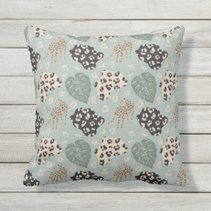 Cojín De Exterior Patrón de Monstera de Guepardo Verde Beige Negro