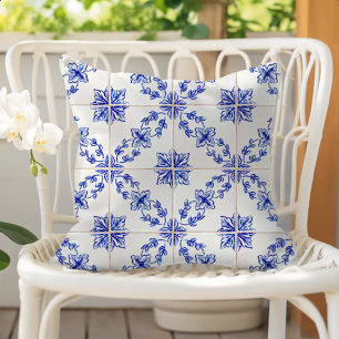 Cojín De Exterior Patrón de mosaico vintage azul portugués