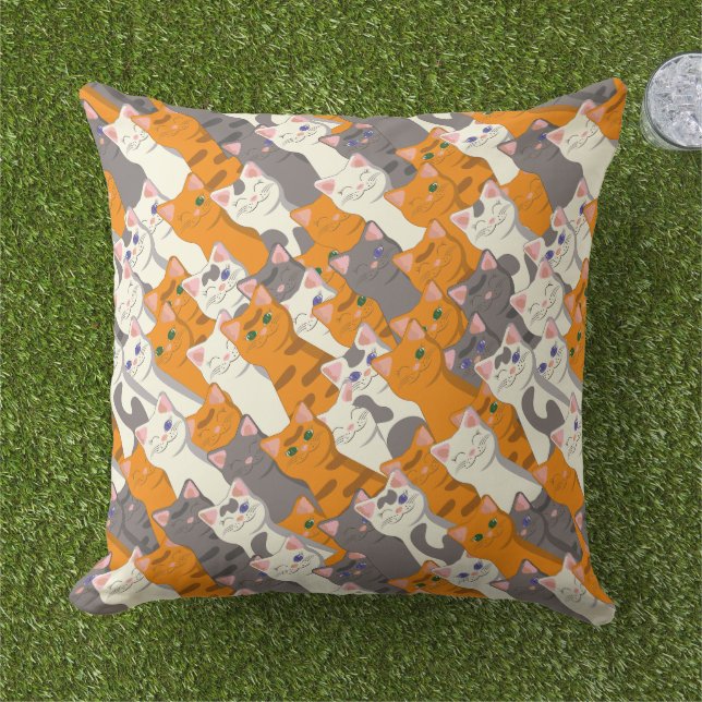 Cojín De Exterior Patrón diagonal del gato negro jengibre (Césped)