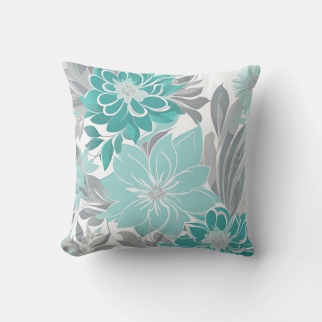 Cojín De Exterior Patrón floral, acuático, Verde azulado, turquesa y (Anverso)