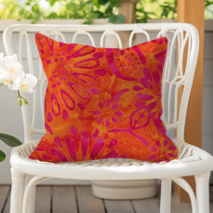Cojín De Exterior Patrón floral de boho rosa batik naranja