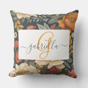 Cojín De Exterior Patrón floral de Boho vintage con nombre y monogra
