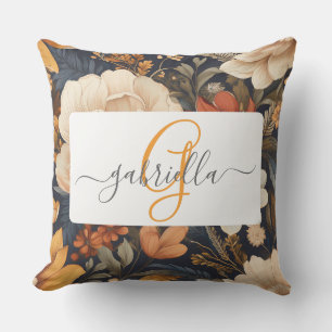 Cojín De Exterior Patrón floral de Boho vintage con nombre y monogra