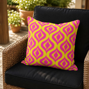 Cojín De Exterior Patrón Ikat Bohemio Rosa Caliente Amarillo Brillan