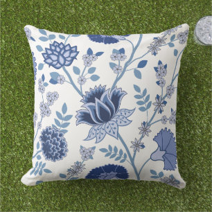 Cojín De Exterior Patrón jacobino floral Lg azul en blanco