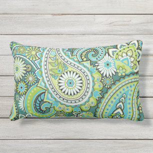 Cojín De Exterior Patrón Paisley Verde Lima Turquesa Exterior