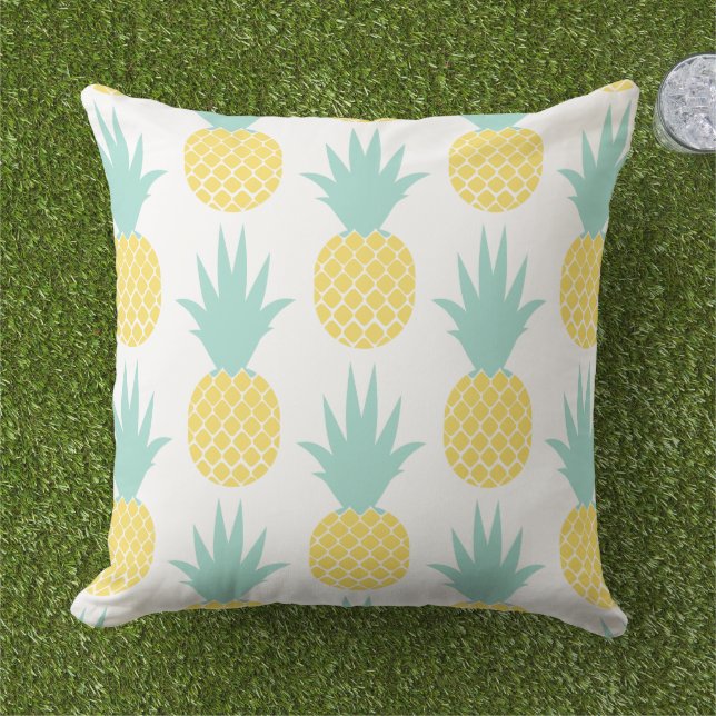 Cojín De Exterior Patrón Tropical de Piña Amarillo Menta (Césped)