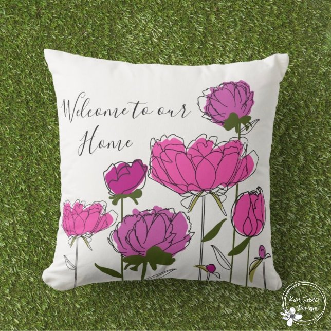 Cojín De Exterior Peonies rosados "Bienvenidos a nuestra casa" (Subido por el creador)