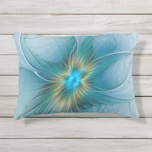 Cojín De Exterior Pequeña belleza arte fractal moderno azul oro Flor