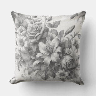 Cojín De Exterior Perfección floral de antigüedades en blanco y negr