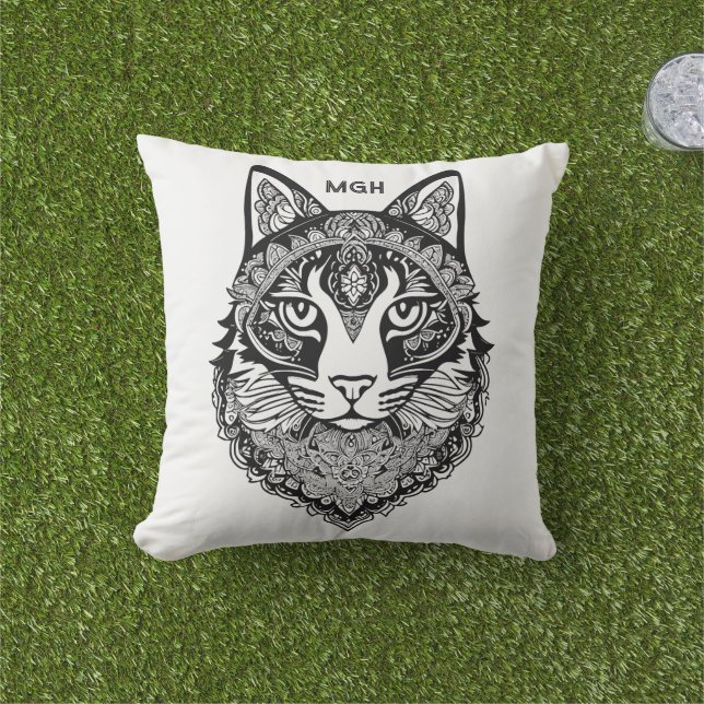 Cojín De Exterior Personalizado Monograma Gato Ornamental (Césped)
