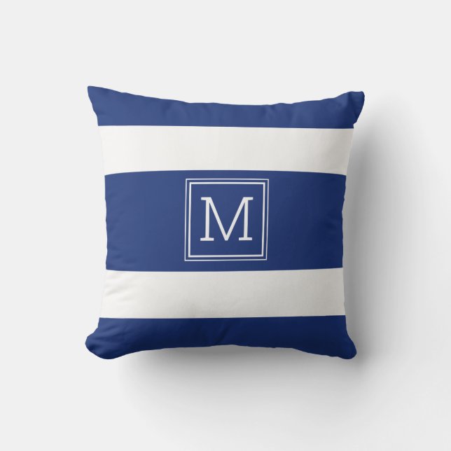 Cojín De Exterior Personalizado monograma simple con franjas azul y  (Anverso)