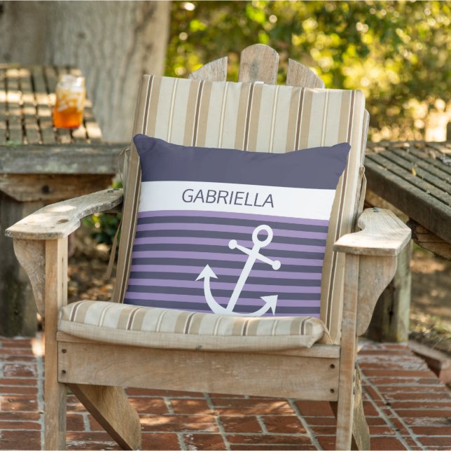 Cojín De Exterior Personalizado Nautical Violet Purple Stripe Patter (Silla)