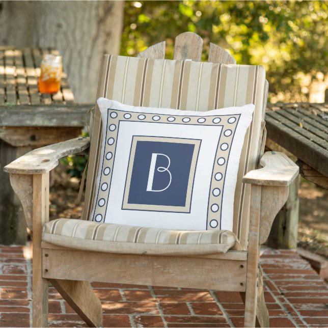 Cojín De Exterior Personalizado Taupe Beige Oscuro Marina Polka Azul (Silla)