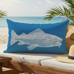 Cojín De Exterior Pescado Vintage Azul Brillante y Blanco Costero al