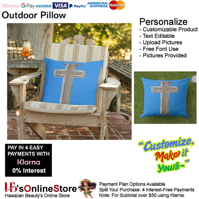 Cojín De Exterior Pilar al aire libre cruzado con fondo azul (Cross Outdoor Throw Pillow with Blue Background.)