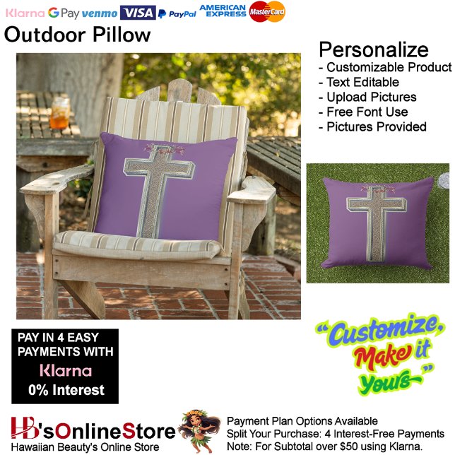 Cojín De Exterior Pilar al aire libre cruzado con fondo morado (Cross Outdoor Throw Pillow with Purple Background.)