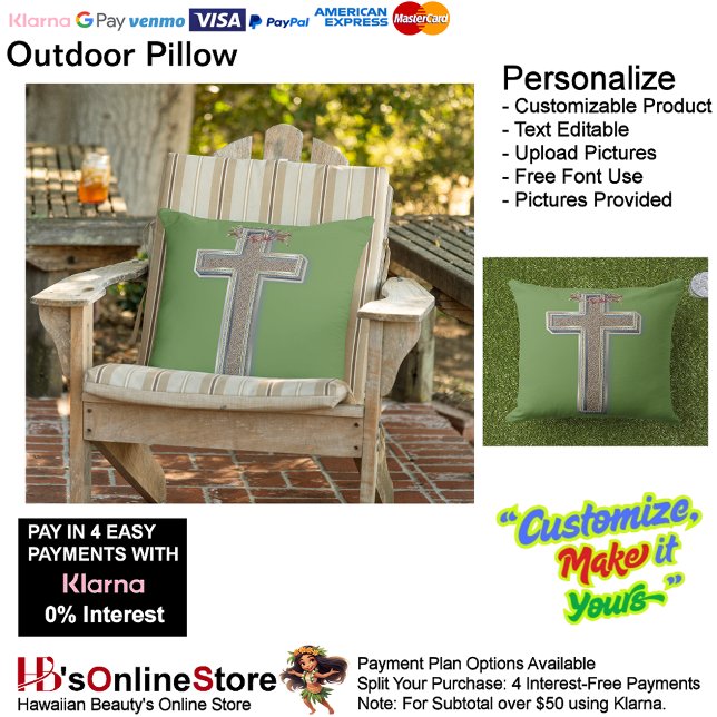 Cojín De Exterior Pilar al aire libre cruzado con fondo verde (Cross Outdoor Throw Pillow with Green Background.)